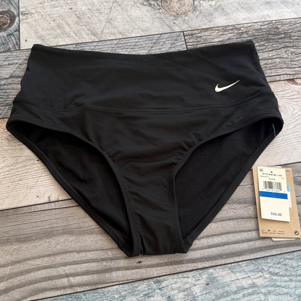Nike Black High Waisted Bikini Bottom Small Athletic Swimwear Swoosh sporty boho - Picture 10 of 10